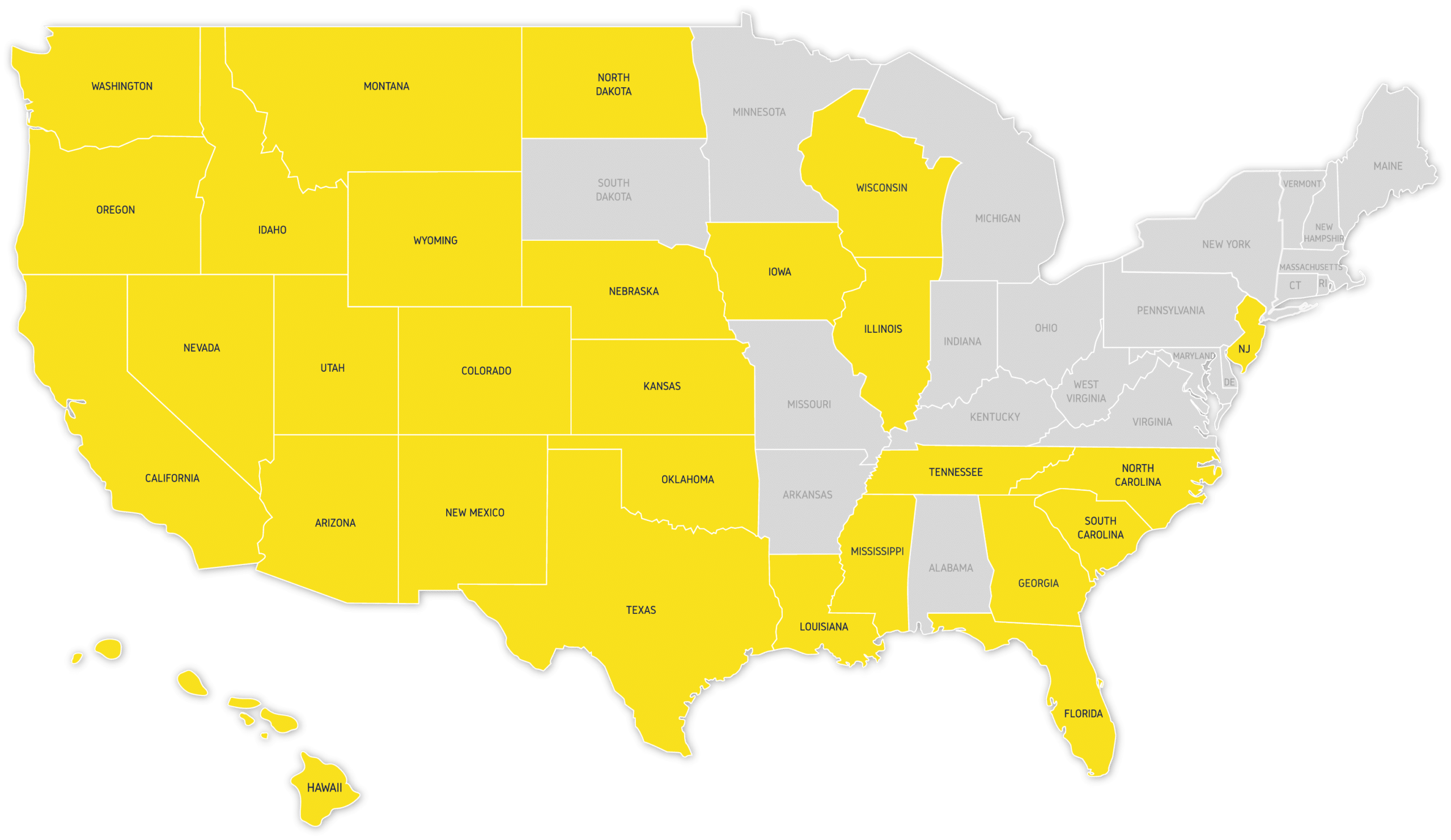 Map of the United States service area for SunPoint Public Adjusters Expert Witness Service